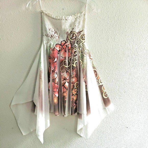 UNO CORE Strapless Asymmetric Smocked Beach Dress Cover Up Floral Print,L - Picture 1 of 6
